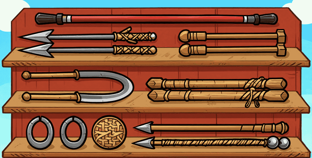 Eight traditional Okinawan kobudo weapons displayed