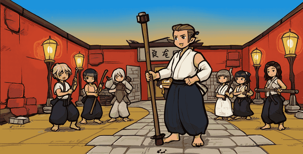 Illustration of an early 20th-century Okinawan kobudo teacher in a dojo courtyard